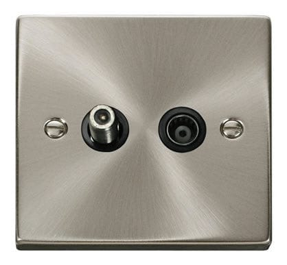 Satin Chrome Satellite And Isolated Coaxial 1 Gang Socket - Black Trim - SE Home