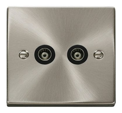 Satin Chrome Twin Isolated Coaxial Socket - Black Trim - SE Home