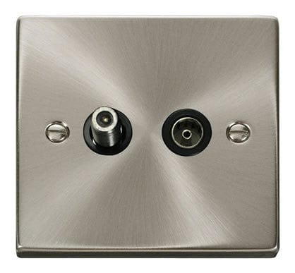 Satin Chrome Satellite & Coaxial Socket 1 Gang - Black Trim - SE Home