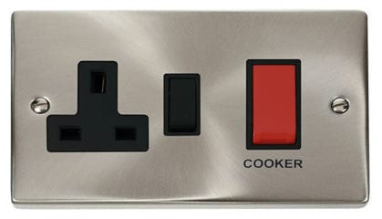 Satin Chrome Cooker Control 45A With 13A Switched Plug Socket - Black Trim - SE Home