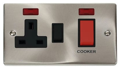 Satin Chrome Cooker Control 45A With 13A Switched Plug Socket & 2 Neons - Black Trim - SE Home