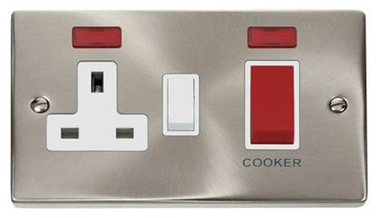 Satin Chrome Cooker Control 45A With 13A Switched Plug Socket & 2 Neons - White Trim - SE Home