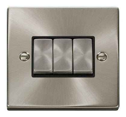 Satin Chrome 10A 3 Gang 2 Way Ingot Light Switch - Black Trim - SE Home