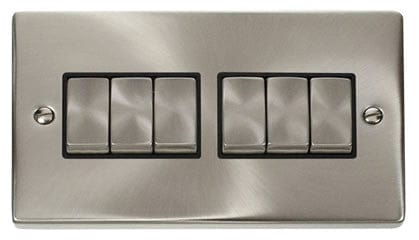 Satin Chrome 10A 6 Gang 2 Way Ingot Light Switch - Black Trim - SE Home