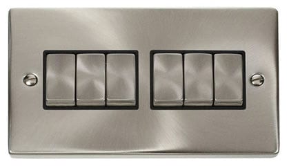 Satin Chrome - Black Inserts Satin Chrome 10A 6 Gang 2 Way Ingot Light Switch - Black Trim