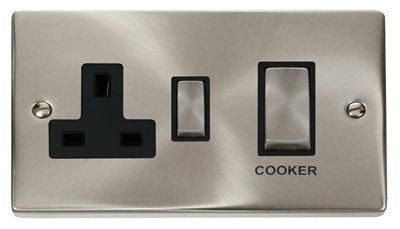 Satin Chrome Cooker Control Ingot 45A With 13A Switched Plug Socket - Black Trim - SE Home