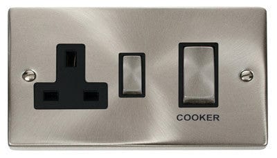 Satin Chrome - Black Inserts Satin Chrome Cooker Control Ingot 45A With 13A Switched Plug Socket - Black Trim