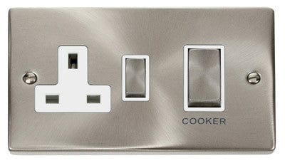 Satin Chrome Cooker Control Ingot 45A With 13A Switched Plug Socket - White Trim - SE Home