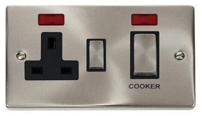 Satin Chrome Cooker Control Ingot 45A With 13A Switched Plug Socket & 2 Neons - Black Trim - SE Home
