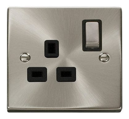 Satin Chrome 1 Gang 13A DP Ingot Switched Plug Socket - Black Trim - SE Home
