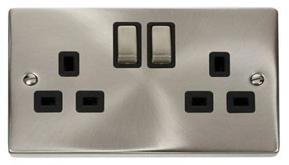Satin Chrome 2 Gang 13A DP Ingot Twin Double Switched Plug Socket - Black Trim - SE Home