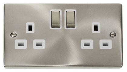 Satin Chrome 2 Gang 13A DP Ingot Twin Double Switched Plug Socket - White Trim - SE Home
