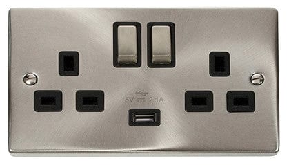Satin Chrome 2 Gang 13A DP Ingot 1 USB Twin Double Switched Plug Socket - Black Trim - SE Home