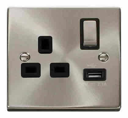 Satin Chrome 1 Gang 13A DP Ingot 1 USB Switched Plug Socket - Black Trim - SE Home