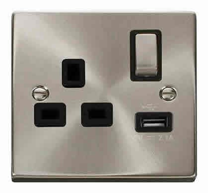 Satin Chrome - Black Inserts Satin Chrome 1 Gang 13A DP Ingot 1 USB Switched Plug Socket - Black Trim