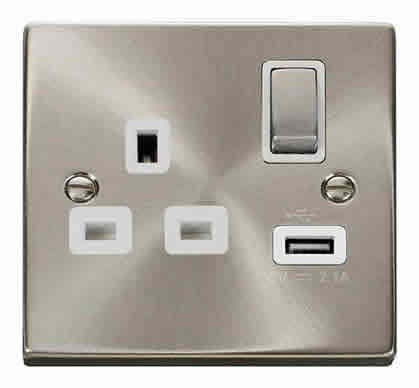 Satin Chrome - White Inserts Satin Chrome 1 Gang 13A DP Ingot 1 USB Switched Plug Socket - White Trim