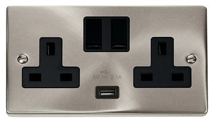 Satin Chrome 2 Gang 13A 1 USB Twin Double Switched Plug Socket - Black Trim - SE Home