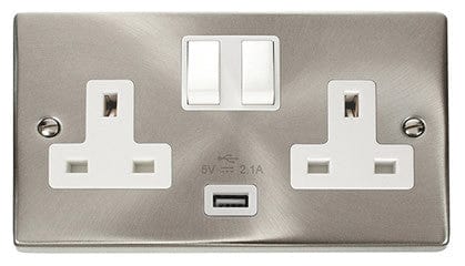 Satin Chrome 2 Gang 13A 1 USB Twin Double Switched Plug Socket - White Trim - SE Home