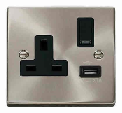 Satin Chrome 1 Gang 13A DP 1 USB Switched Plug Socket - Black Trim - SE Home