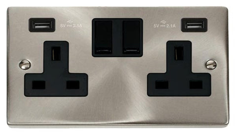 Satin Chrome 2 Gang 13A 2 USB Twin Double Switched Plug Socket - Black Trim - SE Home