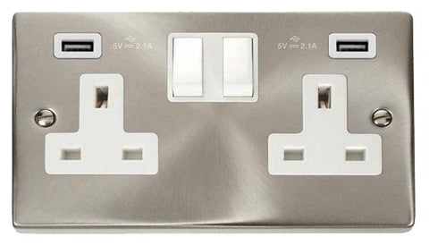 Satin Chrome 2 Gang 13A 2 USB Twin Double Switched Plug Socket - White Trim - SE Home