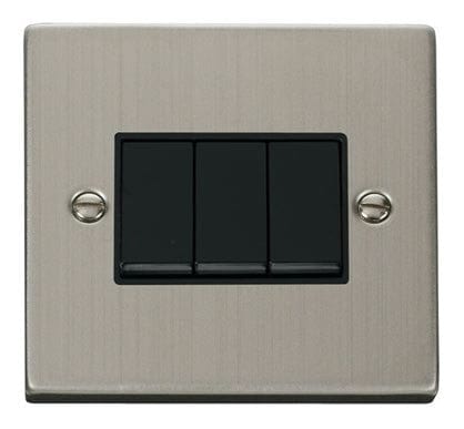 Stainless Steel 10A 3 Gang 2 Way Light Switch - Black Trim - SE Home