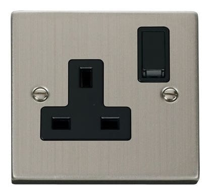 Stainless Steel 1 Gang 13A DP Switched Plug Socket - Black Trim - SE Home