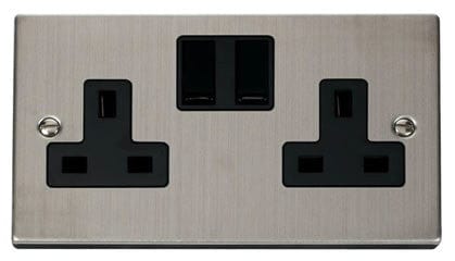 Stainless Steel 2 Gang 13A Twin Double Switched Plug Socket - Black Trim - SE Home
