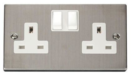 Stainless Steel 2 Gang 13A Twin Double Switched Plug Socket - White Trim - SE Home
