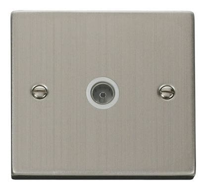 Stainless Steel 1 Gang Single Coaxial TV Socket - White Trim - SE Home