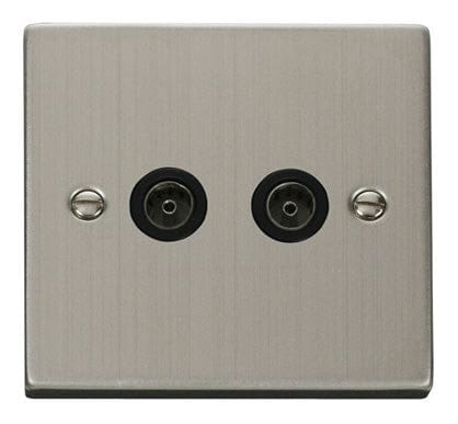 Stainless Steel 2 Gang Twin Coaxial TV Socket - Black Trim - SE Home