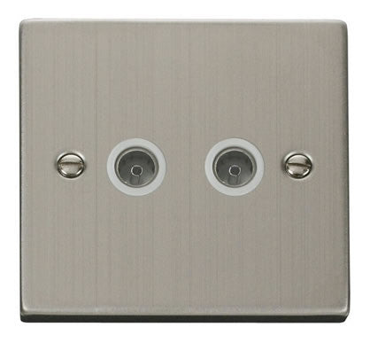 Stainless Steel 2 Gang Twin Coaxial TV Socket - White Trim - SE Home