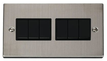 Stainless Steel 10A 6 Gang 2 Way Light Switch - Black Trim - SE Home