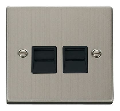 Stainless Steel Secondary Telephone Twin Socket - Black Trim - SE Home
