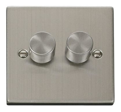 Stainless Steel - White Inserts Stainless Steel 2 Gang 2 Way LED 100W Trailing Edge Dimmer Light Switch