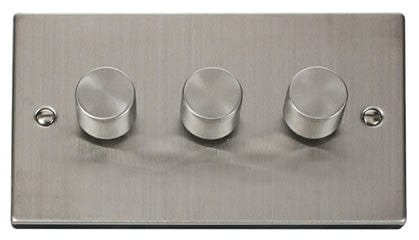 Stainless Steel - White Inserts Stainless Steel 3 Gang 2 Way LED 100W Trailing Edge Dimmer Light Switch
