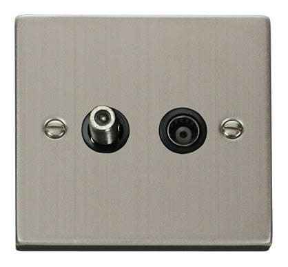 Stainless Steel Satellite And Isolated Coaxial 1 Gang Socket - Black Trim - SE Home