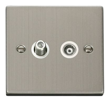 Stainless Steel - White Inserts Stainless Steel Satellite And Isolated Coaxial 1 Gang Socket - White Trim