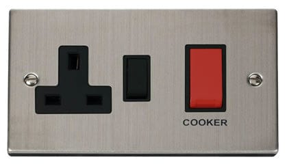 Stainless Steel Cooker Control 45A With 13A Switched Plug Socket - Black Trim - SE Home