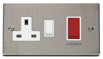 Stainless Steel Cooker Control 45A With 13A Switched Plug Socket - White Trim - SE Home