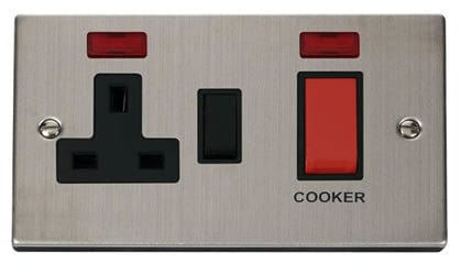 Stainless Steel Cooker Control 45A With 13A Switched Plug Socket & 2 Neons - Black Trim - SE Home