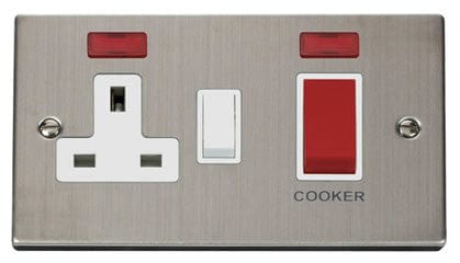 Stainless Steel Cooker Control 45A With 13A Switched Plug Socket & 2 Neons - White Trim - SE Home