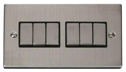 Stainless Steel 10A 6 Gang 2 Way Ingot Light Switch - Black Trim - SE Home