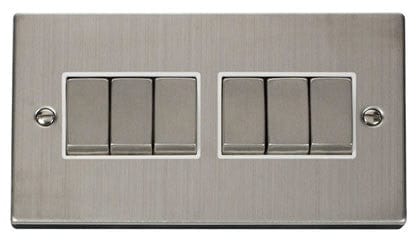 Stainless Steel 10A 6 Gang 2 Way Ingot Light Switch - White Trim - SE Home