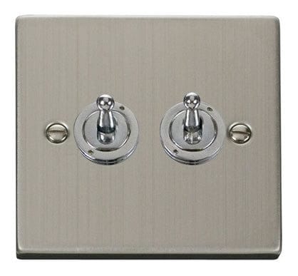 Stainless Steel - White Inserts Stainless Steel 2 Gang 2 Way 10AX Toggle Light Switch