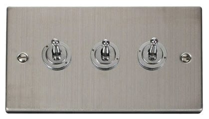 Stainless Steel - White Inserts Stainless Steel 3 Gang 2 Way 10AX Toggle Light Switch