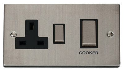 Stainless Steel Cooker Control Ingot 45A With 13A Switched Plug Socket - Black Trim - SE Home