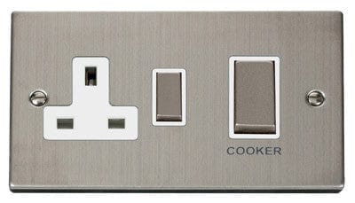 Stainless Steel Cooker Control Ingot 45A With 13A Switched Plug Socket - White Trim - SE Home