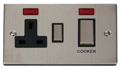 Stainless Steel Cooker Control Ingot 45A With 13A Switched Plug Socket & 2 Neons - Black Trim - SE Home