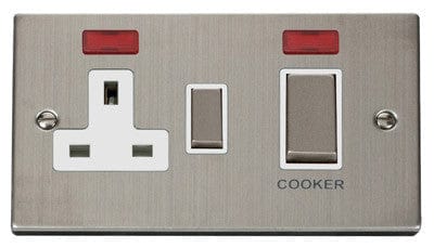 Stainless Steel Cooker Control Ingot 45A With 13A Switched Plug Socket & 2 Neons - White Trim - SE Home
